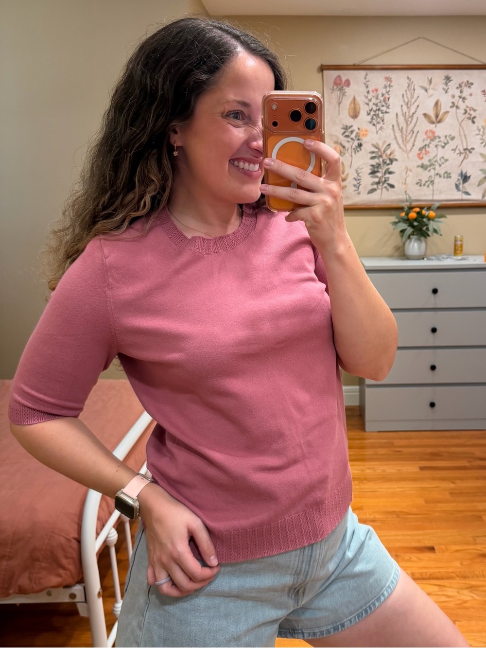 Boden Berry Pink Pointelle Sweater Women’s Short Sleeve Knit Top - Rose Pink M